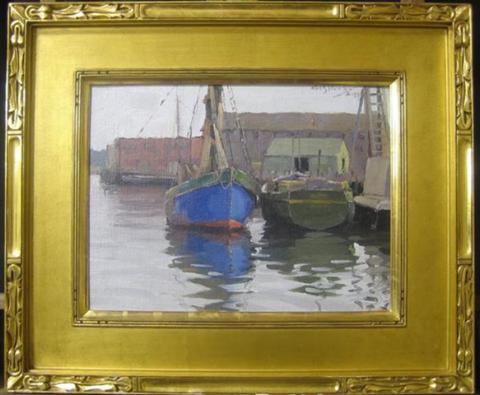 Appraisal: ALFRED GUNNAR BJAREBY AMERICAN BLUE BOAT AND GREEN BOAT Oil