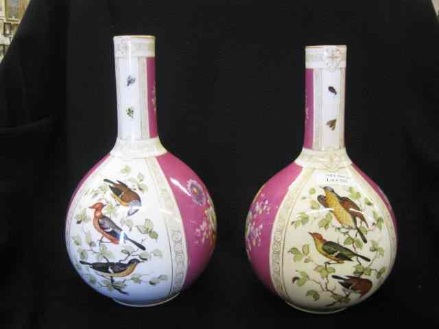 Appraisal: Pair of Meissen Porcelain Vases handpaintedalternating panels with birds florals