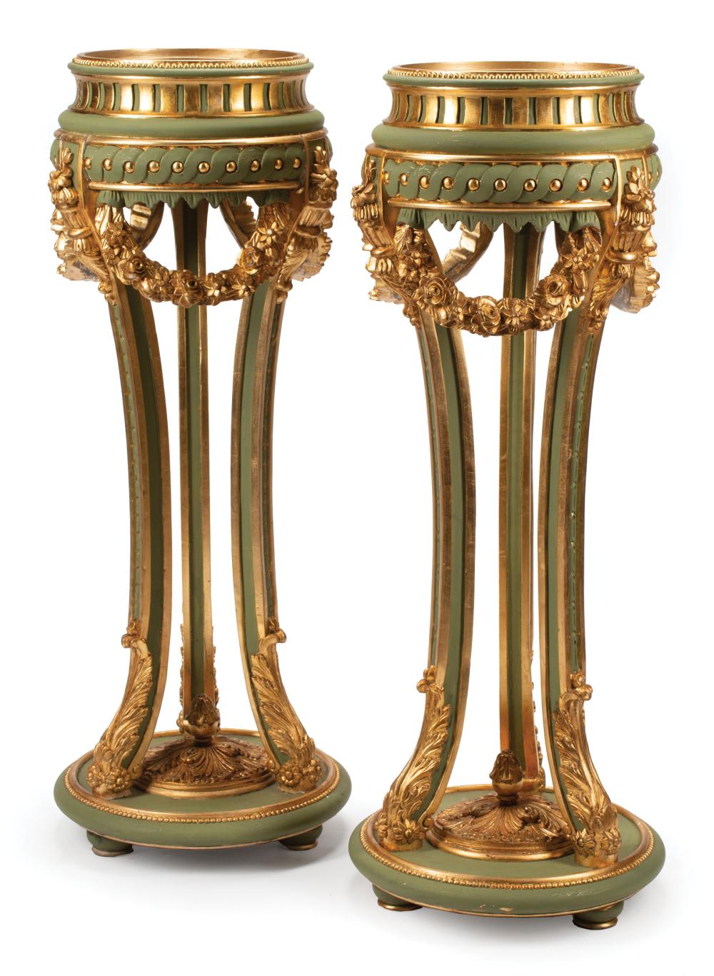 Appraisal: Pair of Venetian-Style Painted and Parcel Gilt Jardinieres beaded rim