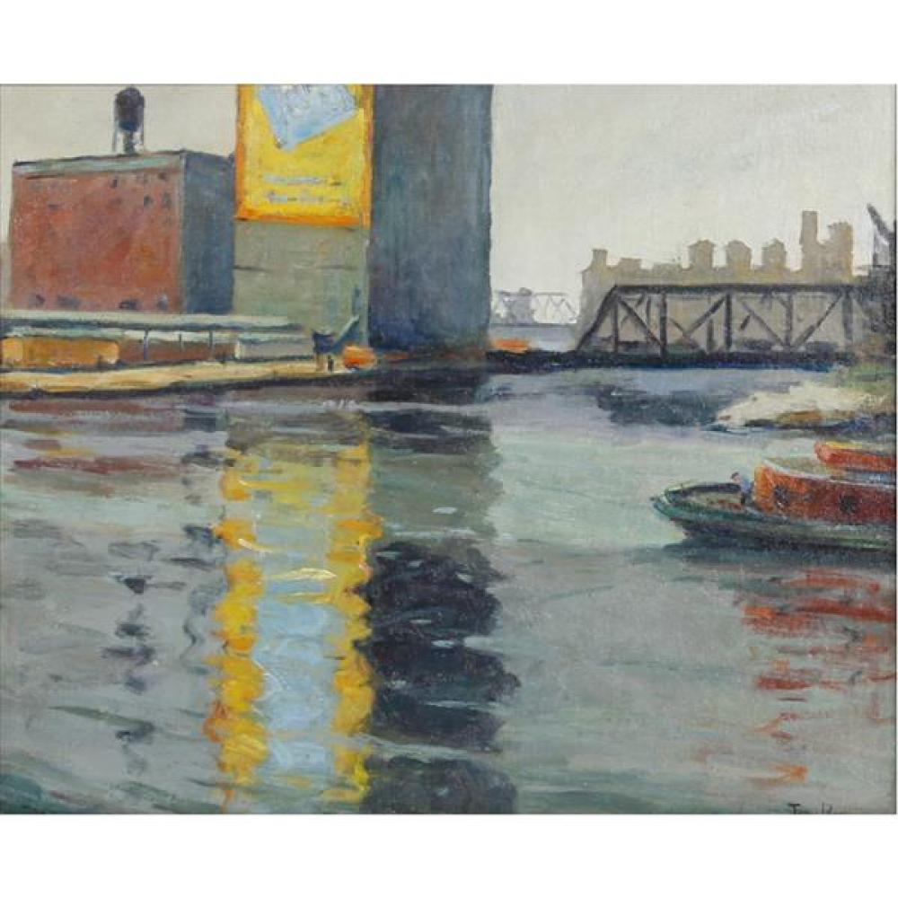 Appraisal: TUNIS PONSEN - CHICAGO RIVER SCENE C OIL ON CANVAS