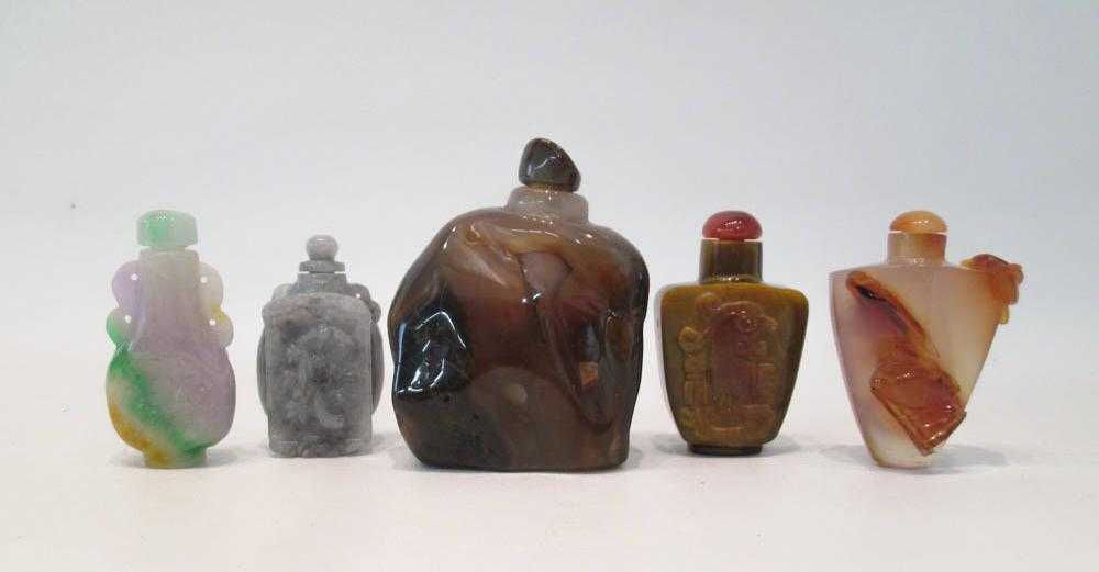 Appraisal: FIVE CHINESE STONE SNUFF BOTTLES in a variety of shapes