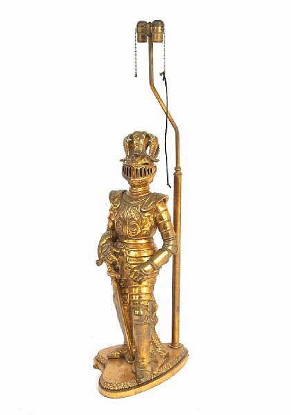 Appraisal: A patinated metal lamp in the form of a knight