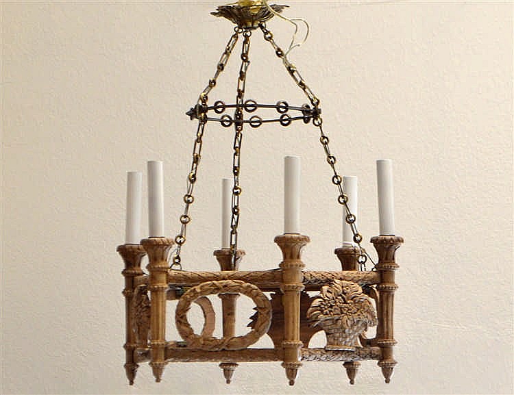 Appraisal: CONTINENTAL CARVED WOOD HEXAGONAL CHANDELIERCarved with torches and ribbon bound