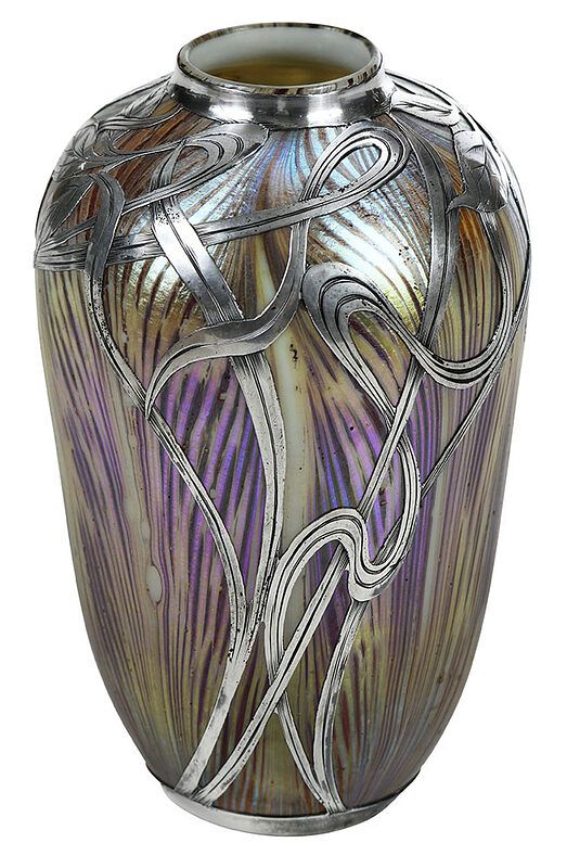 Appraisal: Quezal Art Glass Vase with Alvin Silver Overlay American early