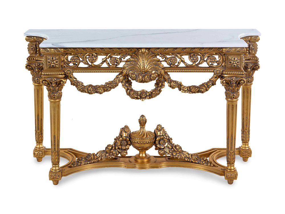 Appraisal: A Louis XVI Style Giltwood Marble-Top Console Table A Louis