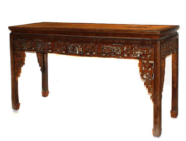 Appraisal: A reticulated mixed wood altar table losses shrinkage height in