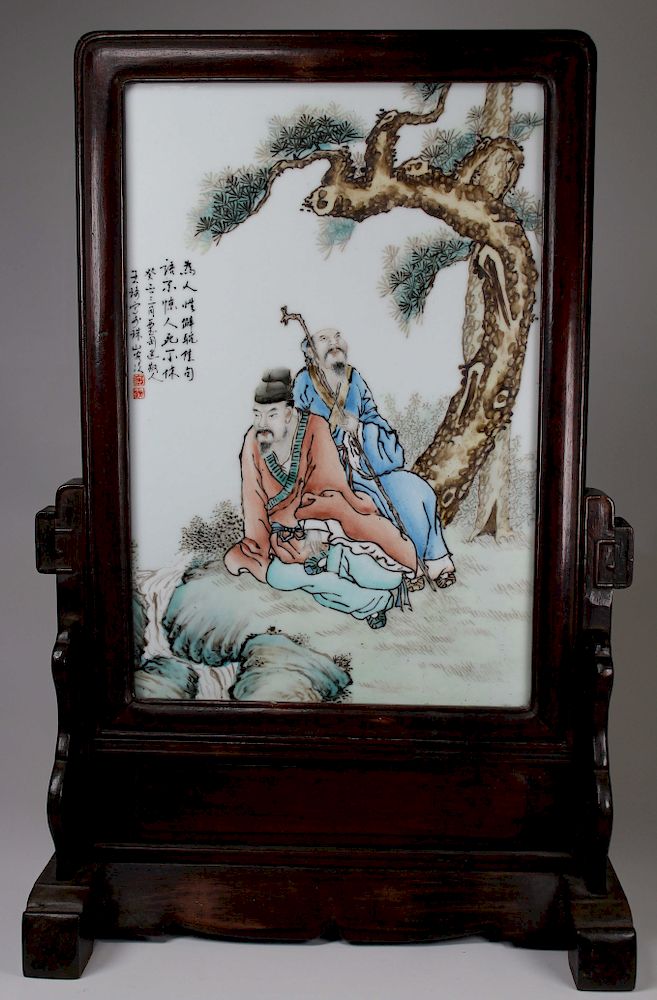 Appraisal: Signed Chinese Porcelain Figural Plaque on Stand Signed Chinese Porcelain