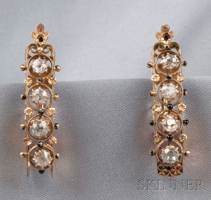 Appraisal: Antique Diamond and Enamel Earrings each set with four diamond