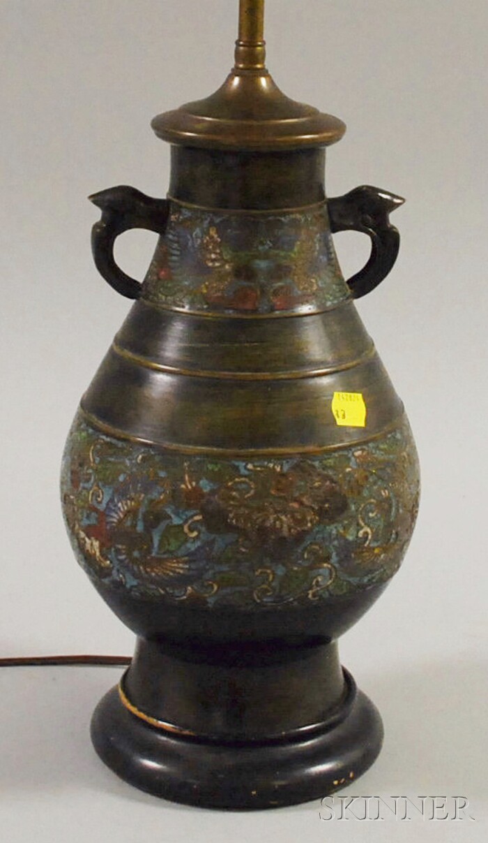 Appraisal: Chinese Bronze and Champleve Vase Table Lamp