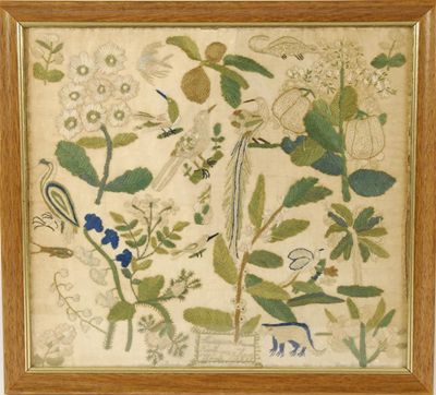 Appraisal: An early th century needlework sampler depicting foliage animals fish