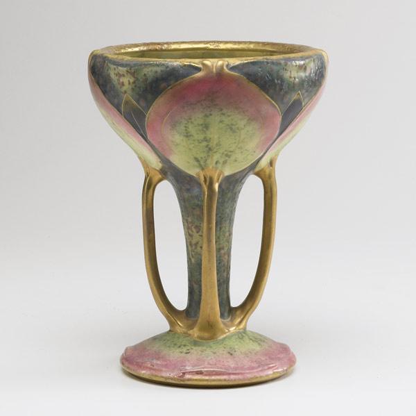 Appraisal: AMPHORA Chalice with four gilded buttressed handles and a water