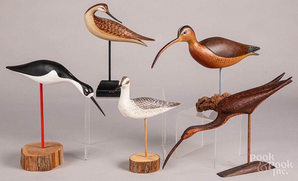 Appraisal: Five carved and painted shorebird decoys Five carved and painted