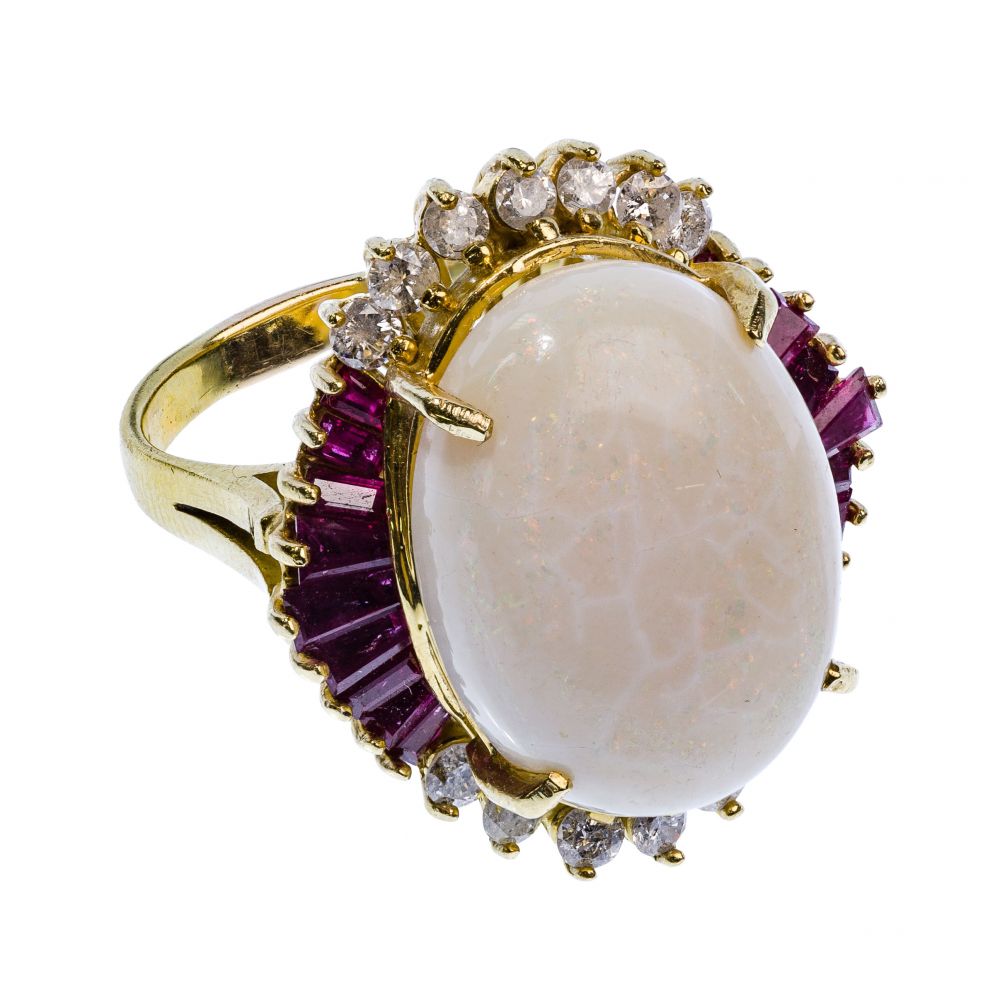 Appraisal: K YELLOW GOLD OPAL RUBY AND DIAMOND RINGHaving a mm