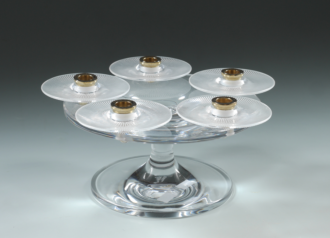 Appraisal: LALIQUE CRYSTAL LIGHT CANDELABRUM CENTERPIECE candle holder with reeded bobeche