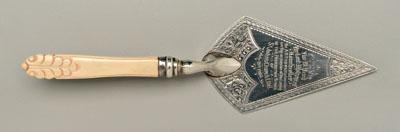 Appraisal: English silver trowel bright-cut engraving carved ivory handle inscribed quot