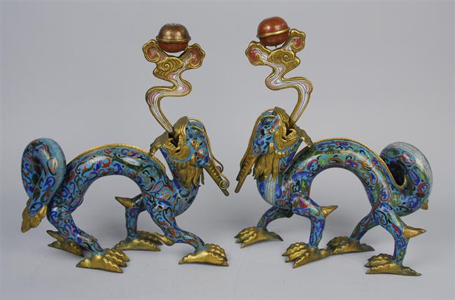 Appraisal: PAIR OF CHINESE CLOISONNE FIGURES OF DRAGONS with detachable heads