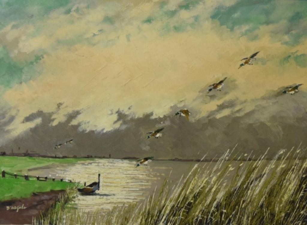 Appraisal: Oil on canvas of a boat in marshland with ducks