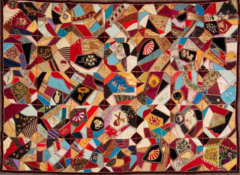 Appraisal: S CRAZY QUILT WITH VARIED STITCHING A lap quilt of