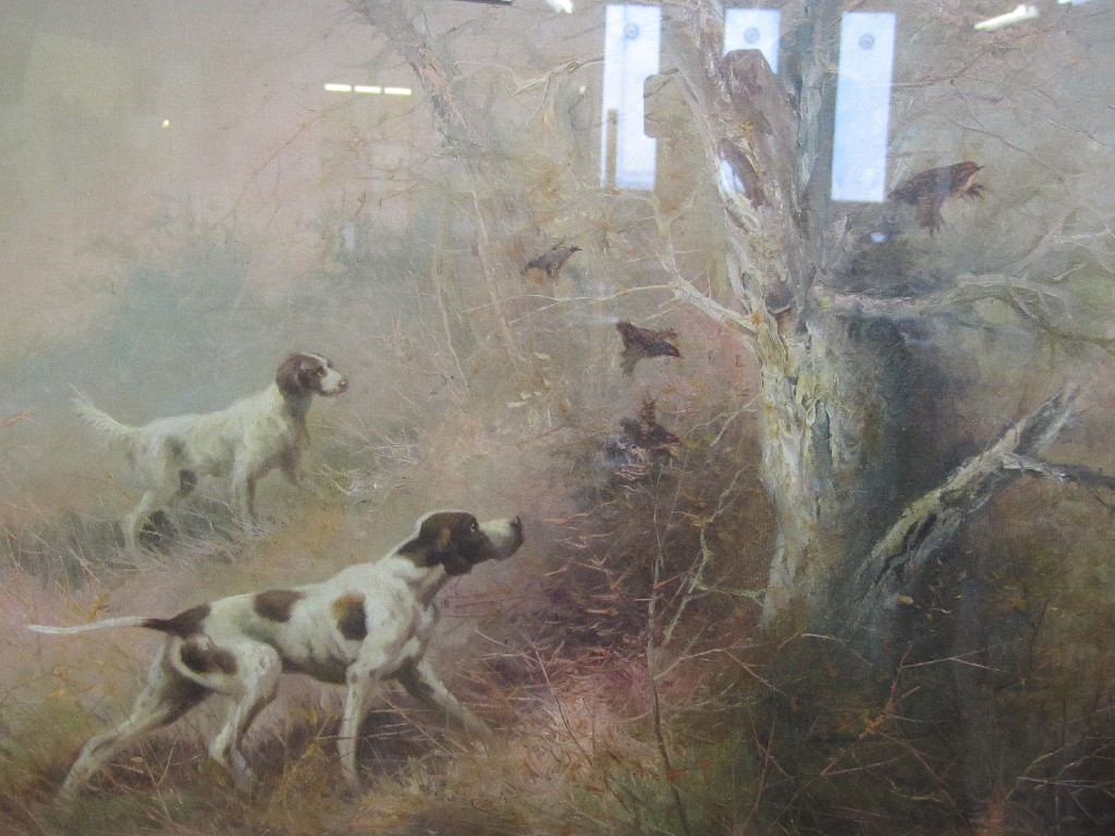 Appraisal: Oil on board of dogs flushing game birds signed Kingman