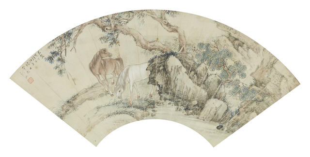 Appraisal: A framed Chinese fan painting Dated according to inscription cm