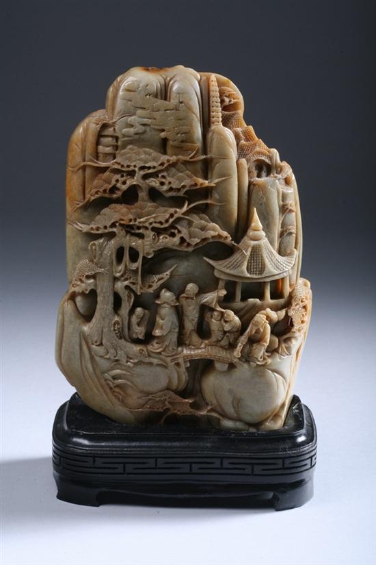 Appraisal: CHINESE SOAPSTONE CARVING Carved to depict pagoda in mountainous landscape