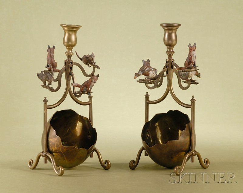 Appraisal: Pair of Whimsical Austrian Cold Painted Bronze and Brass Candelabra