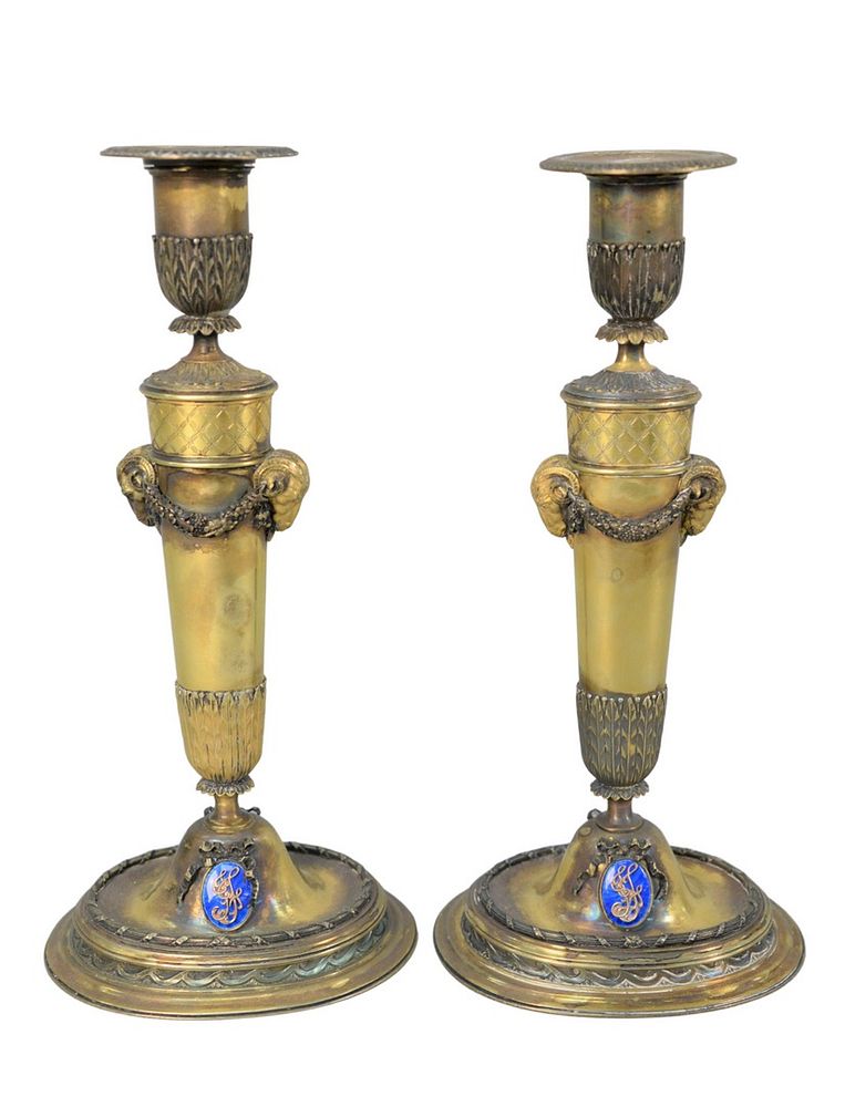 Appraisal: Pair of Silver Candlesticks gold wash having rams head on