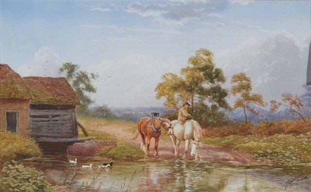 Appraisal: J BARCLAY - River landscape with a carter watering his