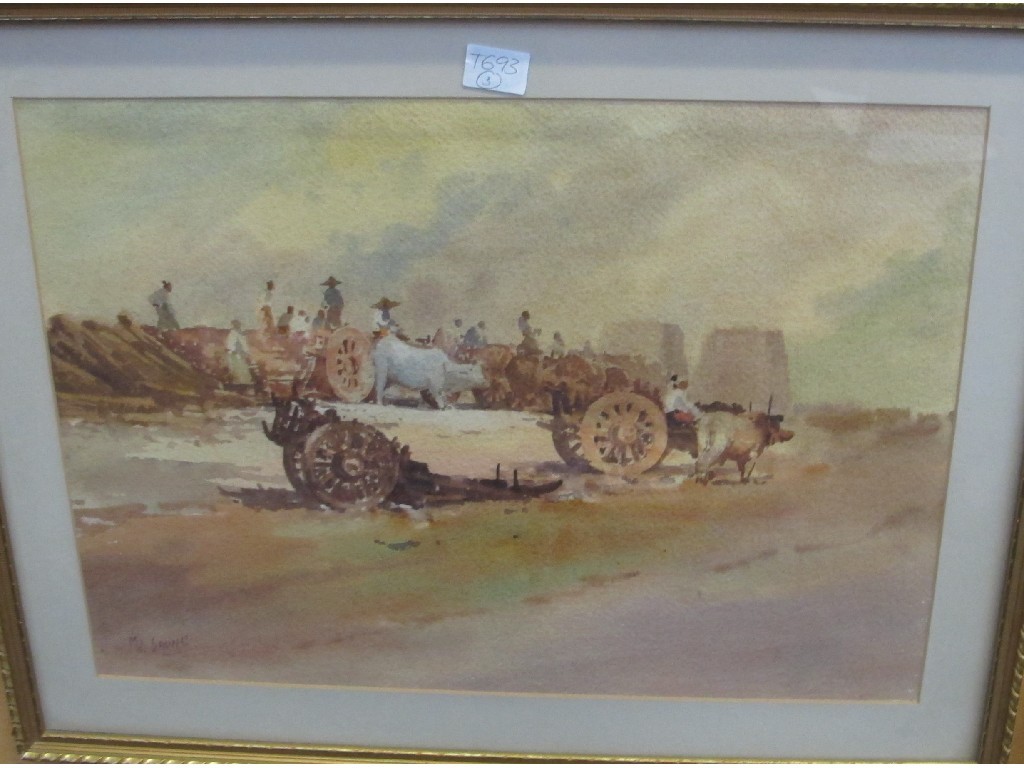 Appraisal: MI SPUNG Watercolour landscape with ox carts signed