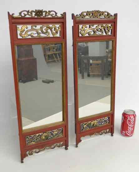 Appraisal: Pair Asian carved and painted panels with mirrors '' x