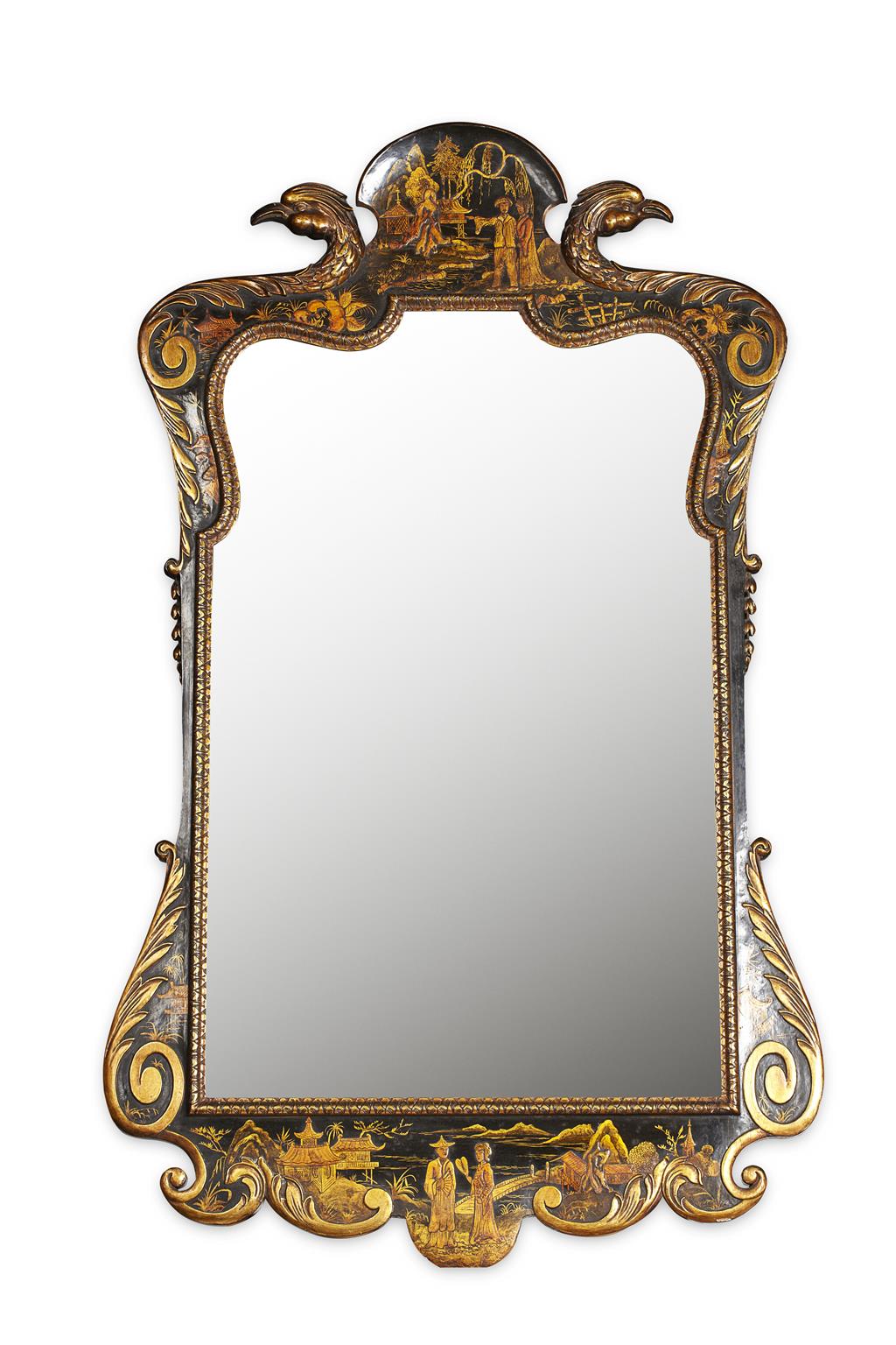 Appraisal: GEORGE II STYLE BLACK JAPANNED MIRROR BY HENRY TOZER OF