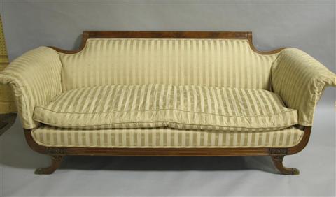 Appraisal: FEDERAL STYLE MAHOGANY SOFA the outscrolled tablet crestrail above beige