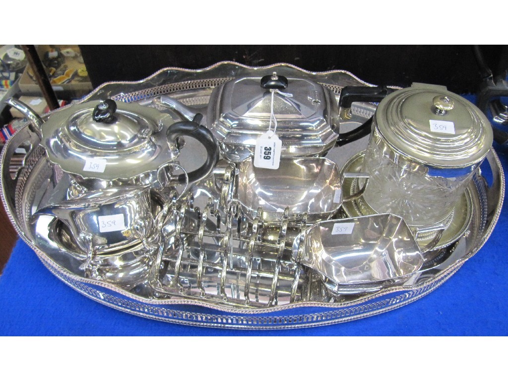 Appraisal: Lot comprising large EP tray two tea services biscuit barrel