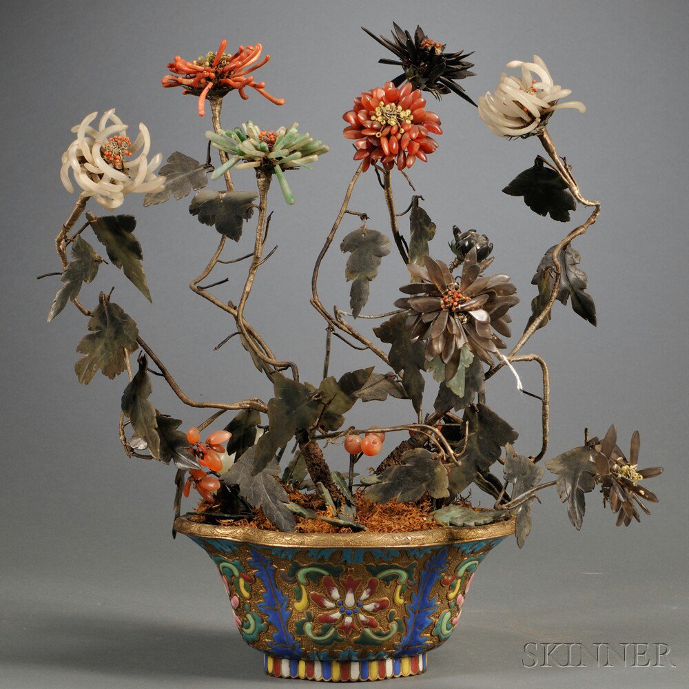 Appraisal: Cloisonne Planter with Hardstone Chrysanthemums China the quatrefoil planter molded