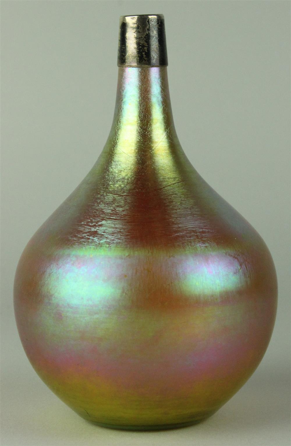 Appraisal: TIFFANY GOLD FAVRILE GLASS CABINET VASE WITH SILVER RIM engraved