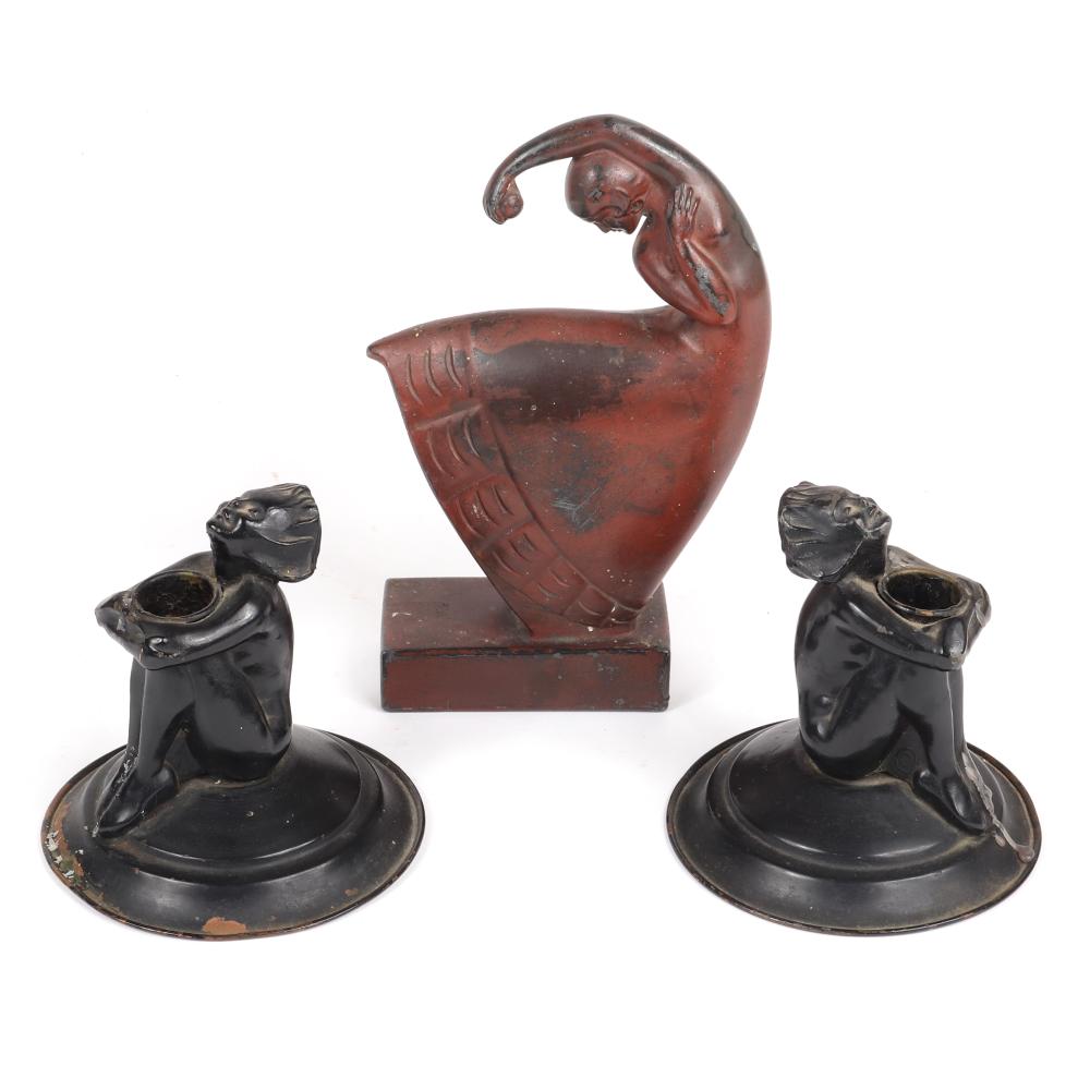 Appraisal: THREE PIECE ART DECO LADY FIGURAL GROUP FRANKART DESIGN SPELTER