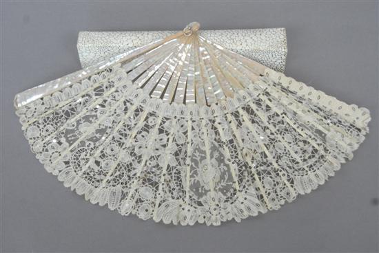 Appraisal: CASED MOTHER-OF-PEARL LACE FAN In original Shagreen style box very