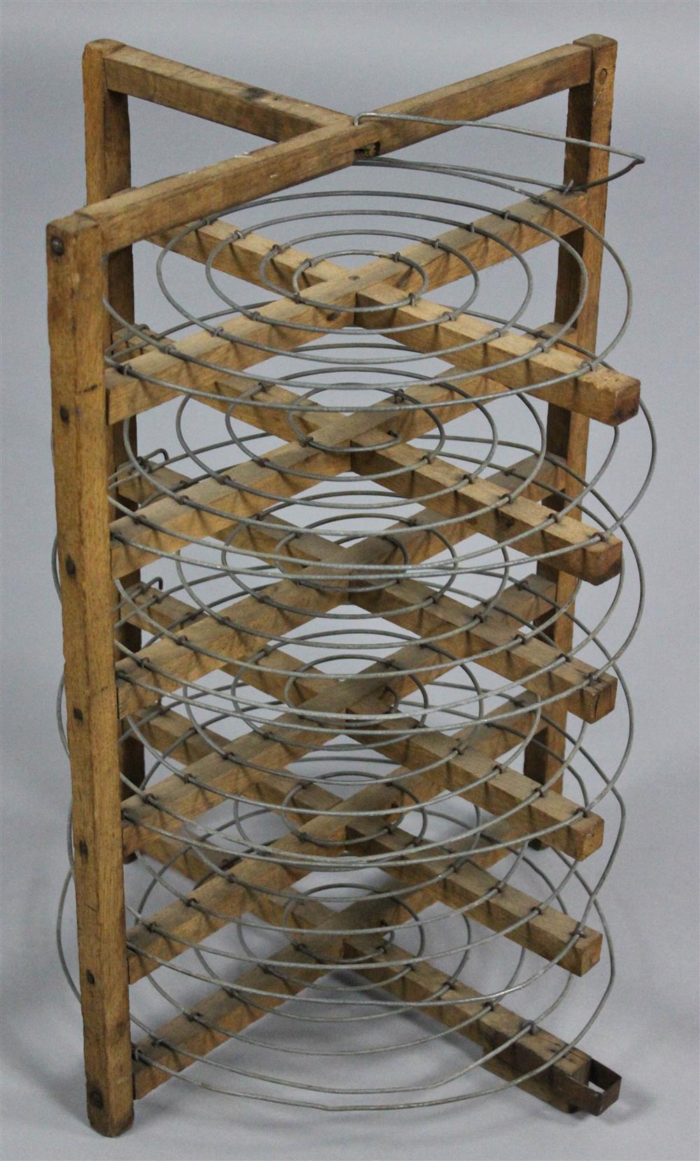 Appraisal: VINTAGE WOOD AND WIRE PIE STAND stand can hold six