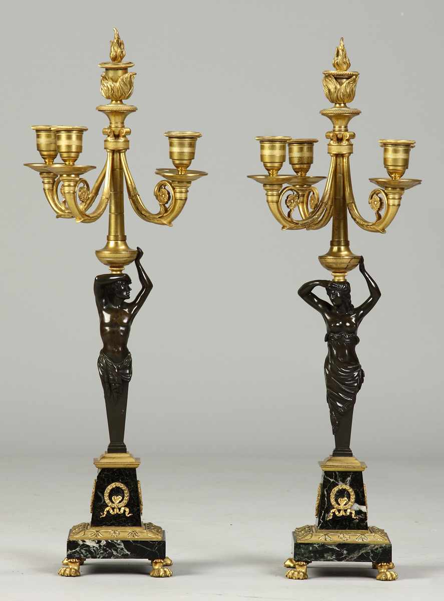 Appraisal: Bronze Gilt Bronze Marble Figural -Arm Candelabras th cent Neo-Classical