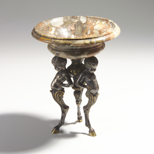 Appraisal: Silverplate and bronze figural compote with marble bowl supported by