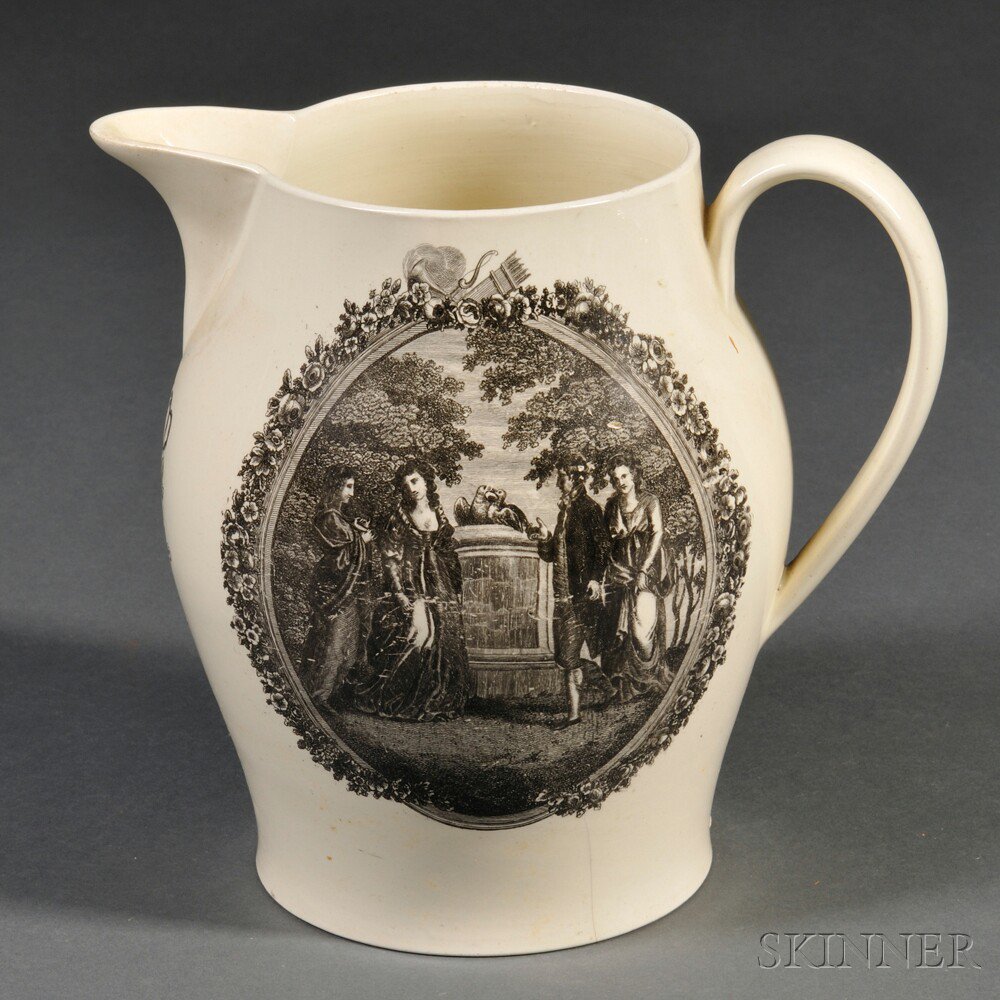 Appraisal: Transfer-decorated Liverpool Jug with Romantic Pastoral Scenes England early th