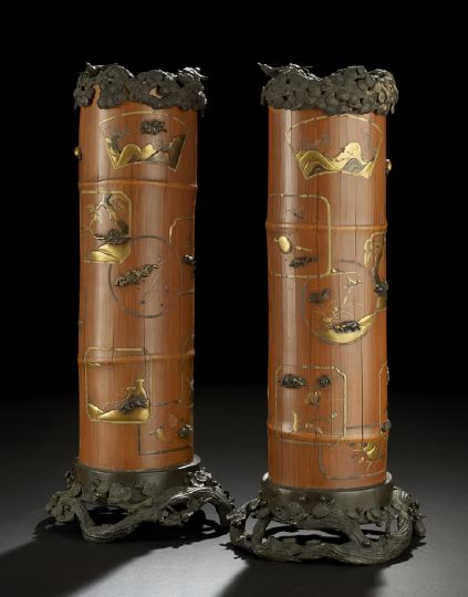 Appraisal: Unusual Pair of Japanese Bamboo Lacquer and Bronze Vases Meiji