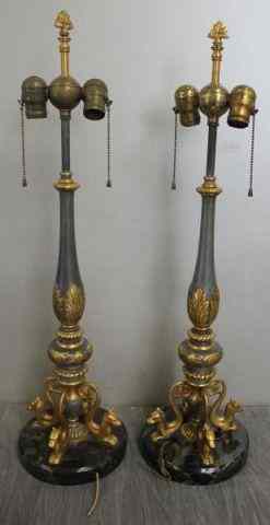 Appraisal: Pair of Possibly Caldwell Lamps Pewter and gilt metal with