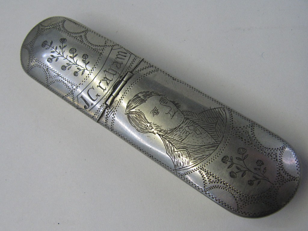 Appraisal: Metal spectacle case etched with a portrait of Burns and