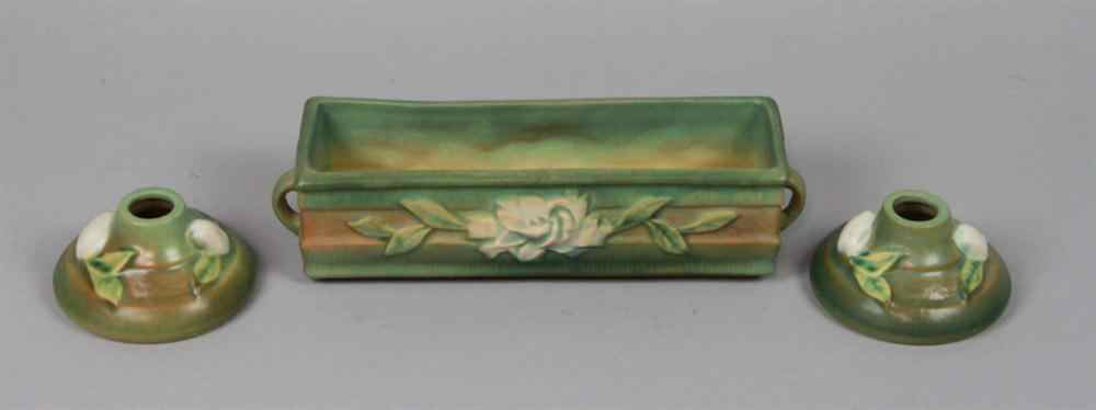 Appraisal: ROSEVILLE POTTERY GREEN GARDENIA PATTERN CONSOLE GROUP comprising small rectangular