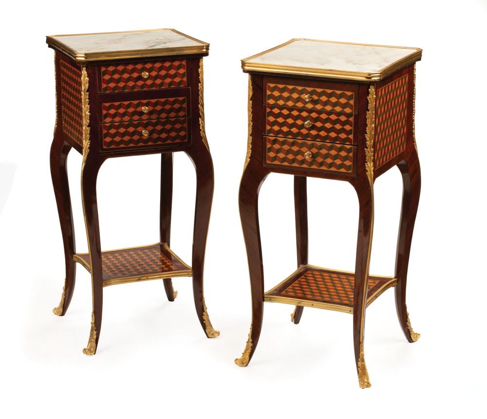 Appraisal: Pair of Louis XV-Style Parquetry Bedside Tables banded white marble