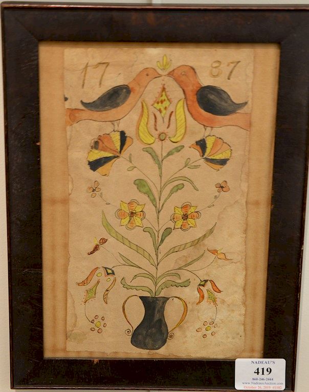 Appraisal: Folk art Fraktur watercolor and ink on paper a vase