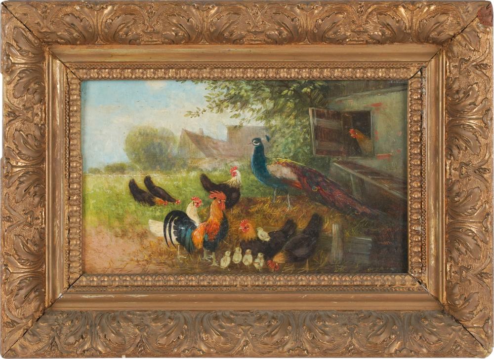 Appraisal: UNKNOWN ARTIST FARMYARD WITH CHICKENS PEACOCKoil on board unsigned x