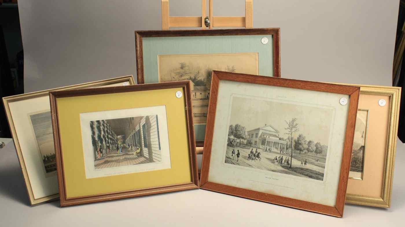 Appraisal: FIVE FRAMED PRINTS OF SARATOGA Colored reproduction of the engraving