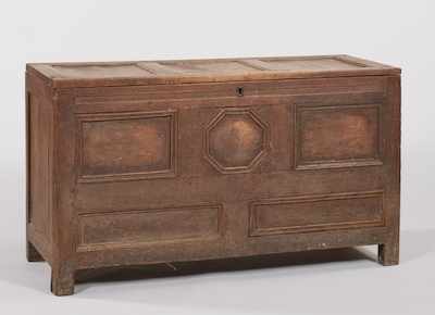 Appraisal: A Primitive Style Oak Coffer In dark rustic wood with